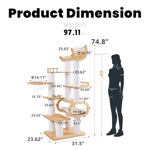 Image of 74.8 inch Modern Cat Tree for Indoor Cats, Tall Wood Cat Tower with Scratching Post, Heavy Duty Luxury Condo with Removable Mats, Multi-Level Cat Furniture for Cats