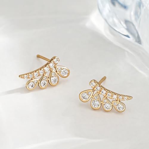 FETTERO Stud Earrings for Women - 14K Gold Plated CZ Hypoallergenic Earrings Studs Dainty Black CZ Leaf Gold Earrings for Women Trendy Statement Jewelry