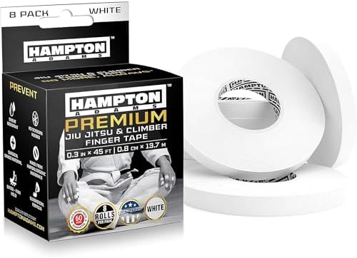 Hampton Adams Pro Finger Tape, Non Slip Grip for BJJ & Climbing | 8 Pack Rolls, No Fray Edges, Super Strong Adhesive, Extended Wear for Bouldering Crossfit Weightlifting & Jiu Jitsu