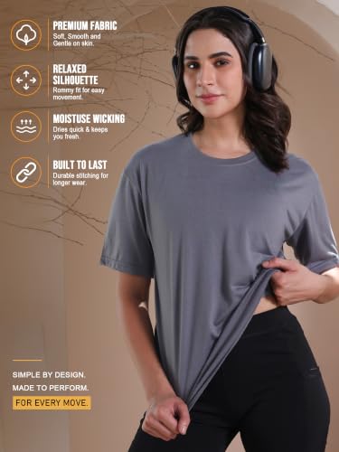 Image of CHKOKKO Oversized Round Neck Drop Shoulder Solid Polyester Full Sleeves T-Shirt for Women