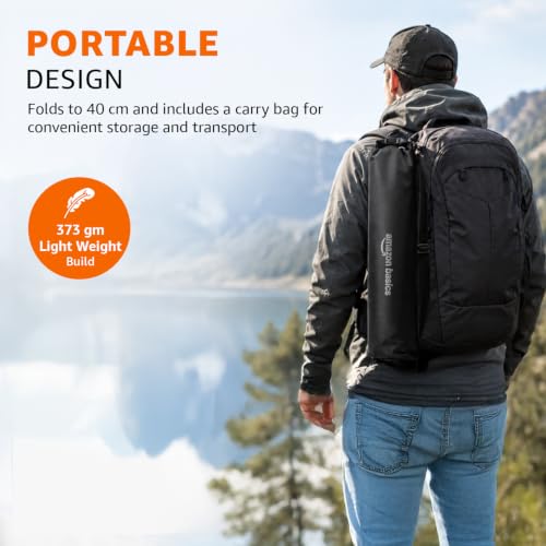 Image of Amazon Basics 55 Inch Aluminum Tripod Stand, Lightweight Adjustable with Phone Holder, 3-Way Pan Head, Bubble Level, Carry Bag, Compatible with Smartphones, GoPro, DSLR Cameras (5kg Load Capacity)