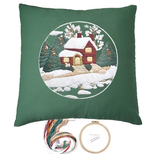Image of FONNUY Christmas Embroidery Kit for Beginners, Throw Pillow Case Cross Stitch Set Winter Snow House Holly Tree Pattern for Adults, Hand Works Crafts Throw Pillow Cover, 18 x 18'' (Green)