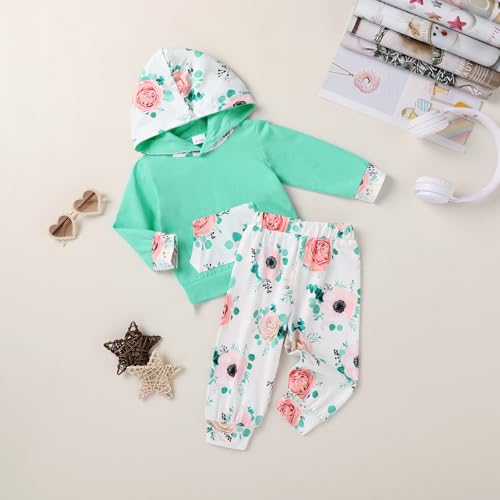 HAPPYMA 2pcs Infant Toddler Baby Girl Long Sleeve Sweatshirt Kangaroo Pocket Floral Hoodie Tops Pants Fall Winter Clothes Set2