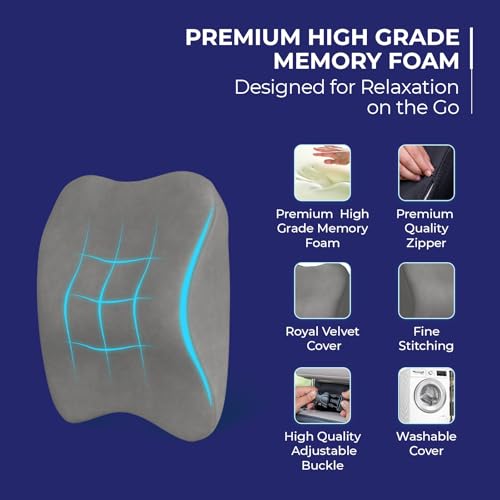 Image of WELLGIVER Orthopedic Memory Foam Car Neck Rest Pillow - Cervical Support Cushion for Neck Pain Relief, Adjustable Strap - Universal Fit for All Cars | Grey Velvet