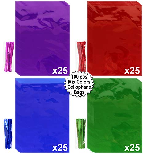AnapoliZ Cellophane Bags 100 pcs Mix Colors (6 Inch x 9 Inch) | Colorful Cello Treat Bags with Twist Ties | 2.5 Mil Quality Cellophane Treat Bags | Transparent Color 6x9 Inch Bags