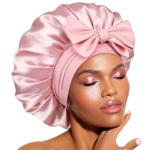 BONNET QUEEN Silk Bonnet for Sleeping for Women Satin Bonnet Night Cap for Curly Hair with Tie Band, Single Layer, Cream Pink