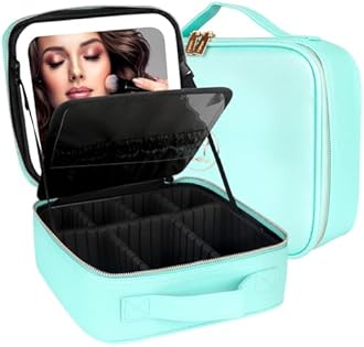 MOMIRA Travel Makeup Bag Cosmetic Bag Makeup Organizer Bag with Lighted Mirror, Adjustable Brightness in 3 Color Scenarios, Waterproof Makeup Train Case, Gift for Women - Aqua Blue