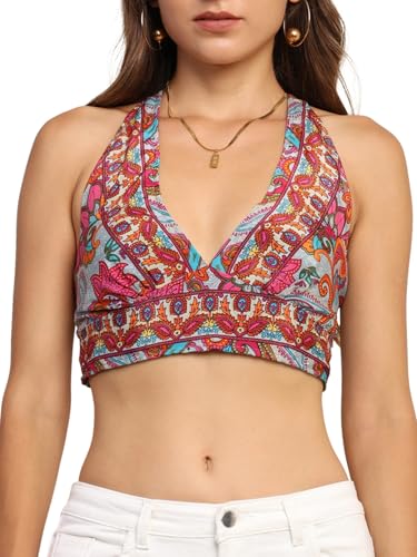Image of KE KANHA EXPORTS Halter Neck Wrap Top|top for Women|Backless Tops for Women|Halter Neck Tops|Adjustable wrap Waist|Boho Beach Border Print|Easily fits S-M|Bust30-36Inch|LengthUpTo 18Inch