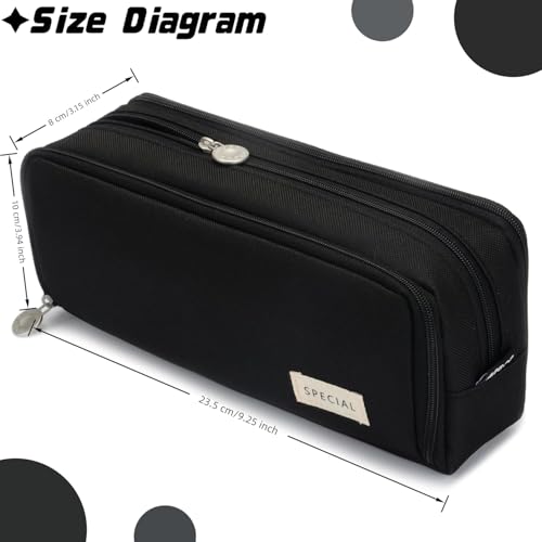 Image of Canvas Metal Large Capacity Pencil Case with 3 Compartments, Metal Zipper Pen & Pencil Pouch for School, College, Office, Boys & Girls, Travel Stationery Bag Organizer (Black)