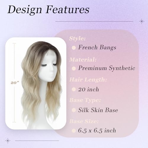 Hair Toppers for Women, 20 Inch Long Curly Wavy Hair Topper 360° 3D French Clip in Bangs (Ombre Blonde with Dark Root, Side Bangs)