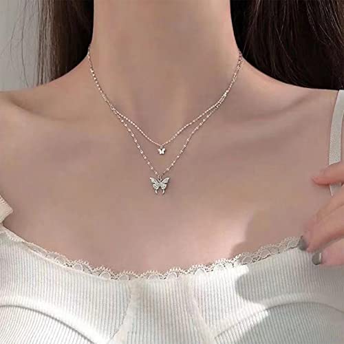 Allereyae Vintage Layered Crystal Butterfly Necklace Rhinestone Butterfly Pendant Necklace Double Butterfly Choker Necklace Silver Lace Chain Necklace Jewelry For Women And Girls #TOP7