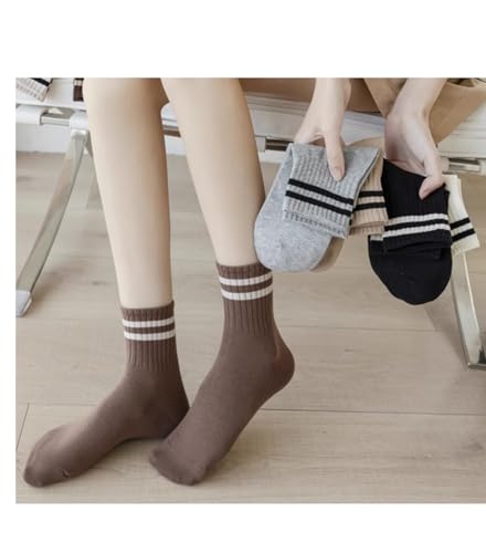 Image of Deeorla Womens Striped Crew Socks Brown Vintage Retro Athletic Socks 5 Pairs
