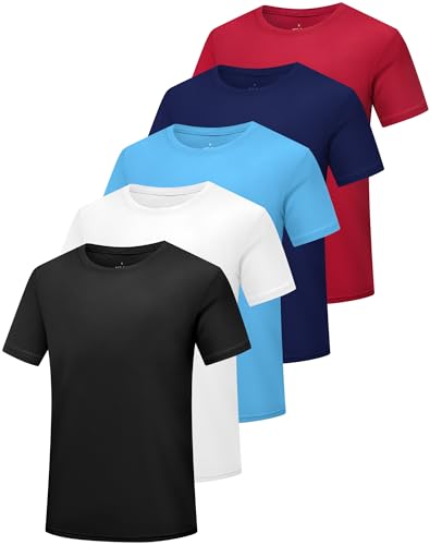 HovSiyla 5 Pack Boys Athletic Shirt Quick Dry Short Sleeve Performance Moisture Wicking T Shirt for Youth Black White Sky Blue Blue Red M