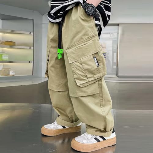 Boys Baggy Cargo Pants Casual Loose Fit Parachute Pant Fashion Harem Joggers Sweatpants with Pockets 8-9 Years 31 Khaki4