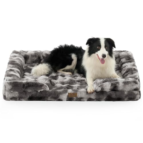 COZY KISS Orthopedic Dog Bed for Extra Large Dog 44x32 inch, XL Faux Fur Pet Sofa, Bolster Foam Bed with Sides, Non-Slip and Egg-Crate Big Dog Couch Bed with Washable Removable Cover, Tie Dye Grey
