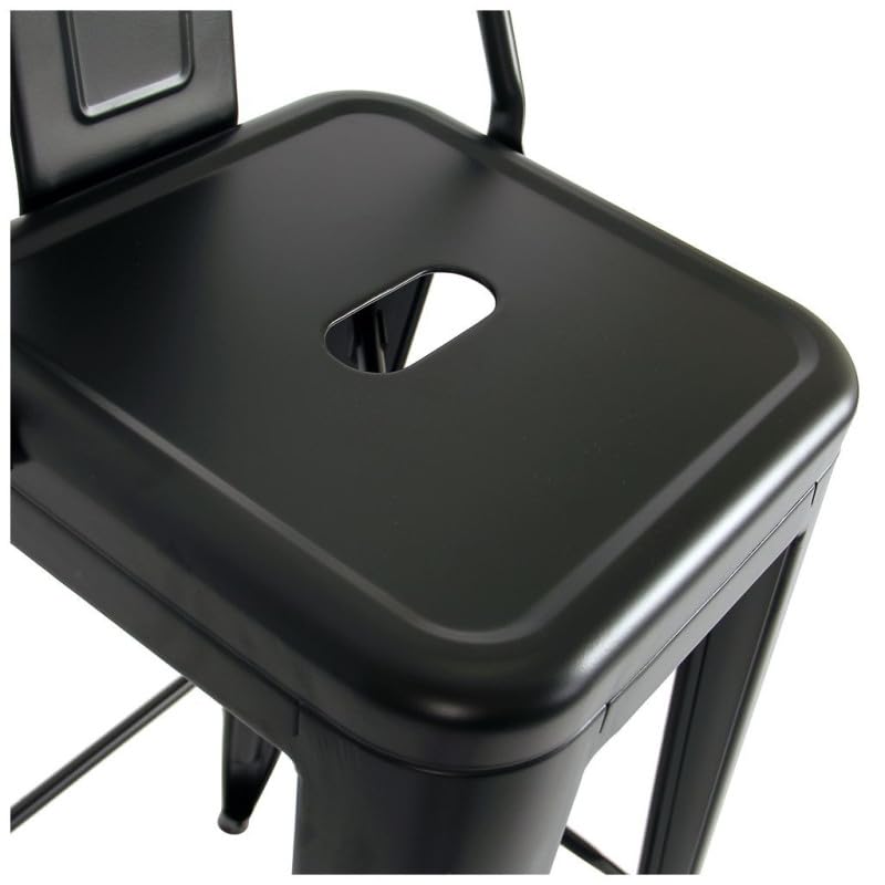 Lot de 4 tabourets de Bar en métal Noir Mat Style Industriel - avec Dossier - Hauteur 66cm
