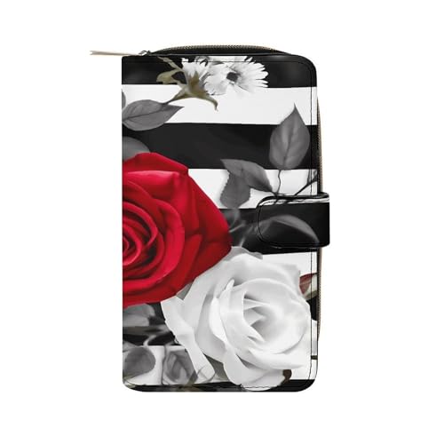 PU Leather Wallet, Black Stripes Red Rose Flowers Print Wallet with Multiple Slots Elegant Wallet Convenient Wallet Durable Wallet Modern Wallet