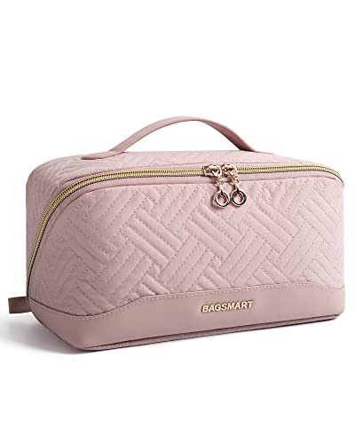 BAGSMART Travel Makeup Bag for Women, Portable Water-resistant Cosmetic Case, Puffy Padded Make Up Organizer Pouch, Open Flat Toiletry Bag for Toiletries, Brushes, Khaki