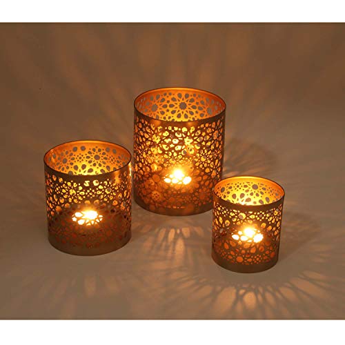 Casa Moro Marokkanische Windlichter 3er Set Navin aus Metall in Antik-Gold Look | 3 runde Kerzenhalter | Orientalische… – Bild 3