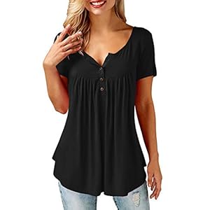 Amoretu T-Shirt Damen V-Ausschnitt Knopfleiste Bluse Solide Tunika Langarm/Kurzarm Tops