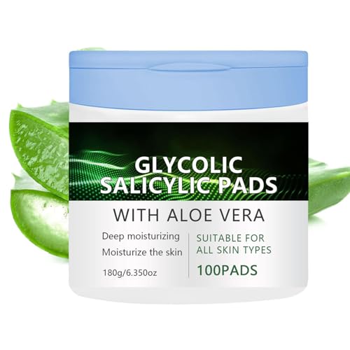 Glycolic Acid Pads (100 Count)， Salicylic Acid Cleansing Pads– Gentle Zero Pore Pad with Aloe & Oil Control, Makeup Removal, Glowing Skin Renewal