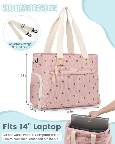 Image of Pritent Diaper Bag Tote for Working Mom, Large Travel Diaper Tote for Mom and Dad with 14 Inch Laptop Sleeve, Mommy Maternity Travel Baby Bag for Boys and Girls, Pink strawberry