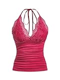 MakeMeChic Women's Halter Top Y2K Lace V Neck Ruched Low Cut Halter Tank Tops Camisole Tops Hot Pink Small
