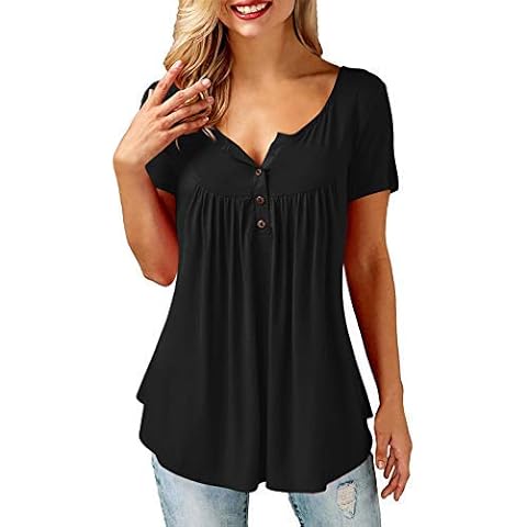 Amoretu Damen Oberteile V-Ausschnitt Kurzarm Tshirt Basic Tunika, XL, B-schwarz Cover
