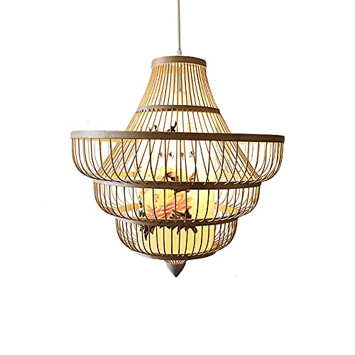 Lustre lanterne en bambou tressé main suspension E27 réglable pour intérieur