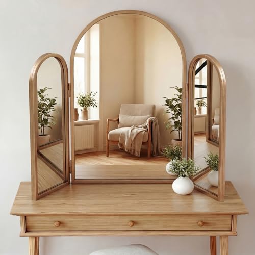Wonderjune Trifold Vanity Mirrors 3 Way 30 x 37 in Adjustable Arch Trifold Mirror for Bathroom Bedroom Decorative Folding 3 Sided Mirror Wall Mounted for Braiding Hair Makeup(Vintage Gold)