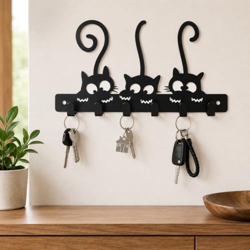 Image of Key Holder for Home Decor Stylish, Metal Cat Wall Mount with 6 Rustproof Hooks, Key Hanger for Wall, Matte Black Keys Stand, Decorative Home Organizer