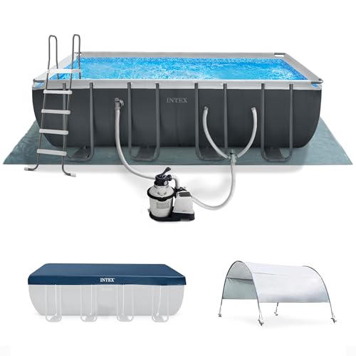 Intex 18 Foot by 52 Inch Ultra XTR Framed Above Ground Swimming Pool Set with Sand Filter Pump, Pool Cover and Ladder, Canopy, and Ground Cloth, Gray