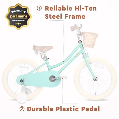 Image of Petimini Vintage Kids Bike for Girls, 12-20 Inch Classic Bicycle with Wicker Basket & Bell, High Tensile Steel Frame, Training Wheels (12-18 inch), 85% Pre-Assembled, Retro Bike for Outdoor Riding