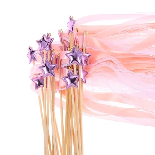 Image of 24 Pack Fairy Wands, Ribbon Lace Fairy Wands with Bells, Decorative Silk Stick with Streamers for Wedding Birthday Party, Pretty Pentagram Ribbon for Girls