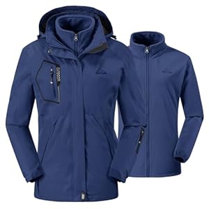 donhobo Damen 3-in-1 Skijacke mit Fleecejacke wasserdichte Regenjacke Outdoorjacke mit Kapuze Abnehmbare Funktionsjacke Warm Winterjacke Doppeljacke Blau L