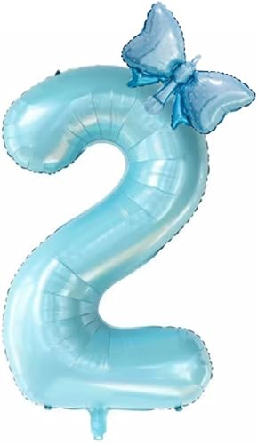 Globos de 40 pulgadas de color azul claro con mariposa número 2, globos gigantes de Mylar con números de helio 2, suministros de fiesta de
