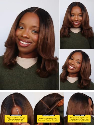 Image of Sunber Ombre Chestnut Brown Light Yaki Straight Bob Human Hair Wigs Pre Everything Pre Cut 13x4 HD Lace Front Glueless Bob Wig Put On and Go Brown Yaki Bob Wig Pre Bleached Invisible Knots 12Inch