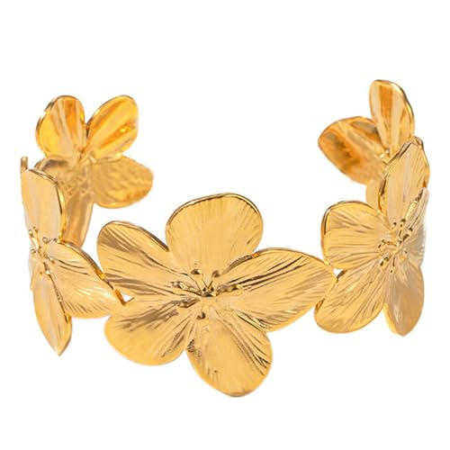 Zocare Chunky Gold Bracelet For Women 14K Gold Plated Cuff Bracelet Vintage Flower Bracelet Wide Open Cuff Bangles Statement Bracelet Jewelry Chrismas Birthday Flower Charm cover