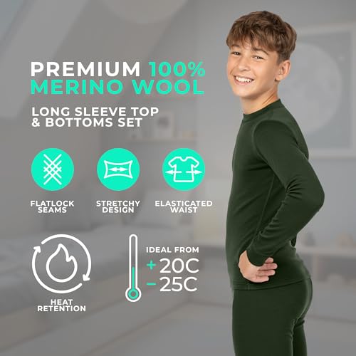 menique 100% Merino Wool Long Sleeve Top & Bottoms Leggings - Kids Thermal Base Layer Set, Breathable Girls & Boys Football Skins for Sports, Skiing, Outdoors, Sleeping (Dark green, 158-164cm) - Image 2