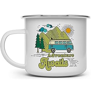 Adventure Awaits Retro Camper Coffee Mug, Nature Wanderlust Van Life Campfire Cup, Mountain Hiking Camping Lover Gift (16oz)