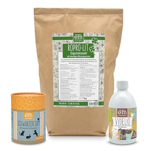 EM-Chiemgau Hühner Set für Alltag mit Futterkohle, Urgesteinsmehl & fermentierter Kräuterextrakt [mit Effektive Mikroorganismen] Nahrungsergänzung & Sandbad für Gefiederpflege und Wohlbefinden