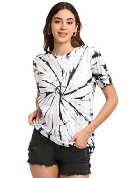 ENNOBLE Tie Dye Half Sleeves Oversized Fit Pure Cotton T-Shirt for Women and Girls.