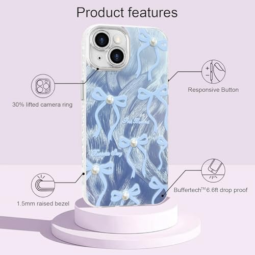 Image of VONZEE Compatible with iPhone 15 6.1'' Case Luxury Pink Girly Cute 3D Bow Pearl Glitter Bling Case with Full Camera Protection Shockproof PC+TPU Glossy Shiny Cover for Girls Women, Blue