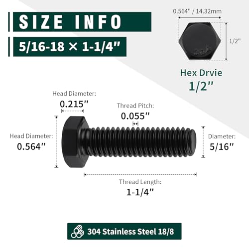 Image of 5 /16-18 x 1-1 /4 inch Hex Head Bolts Black, 304 Stainless Steel 18-8 Hexagon Head Screws Bolts, Black Oxide Finish, Allen Hex Drive, 12 PCS