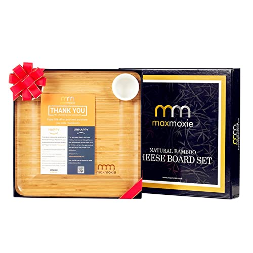 Maxmoxie Bamboo Cheese Board And Cutlery Set, Wooden Kitchen Charcuterie Board, Cheese Tray Serving Platter, Unique Gift For Families #TOP7