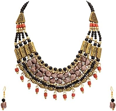 Zephyrr Tibetan Necklace and Earrings Set for Women Statement Choker Ethnic Junk Handmade Mosaic Jewelry for Girls