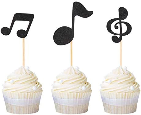 Newqueen 24 Pack Music Note Cupcake Toppers Black Glitter Musical Symbols Cupcake Picks Baby Shower Birthday Party Cake Decoration