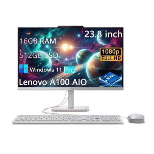 Image of Lenovo A100 All-in-One Desktop Computer, 16 GB RAM, 512 GB SSD, Windows 11 Pro, 23.8 Inch IPS FHD Display, Intel N100 Processor, Intel UHD Graphics, Wired Keyboard & Mouse, White