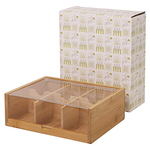 HTB Tea Bag Organizer 6 Compartments Gift Box Bamboo Tea Organizer for Tea Bags with Acrylic Transparent Hinged Lid