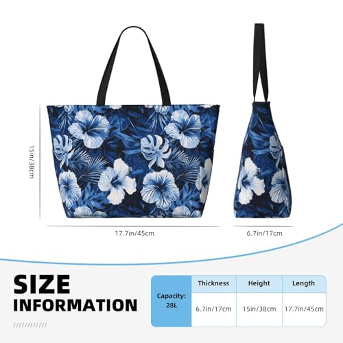 Large Beach Bags for Women Sandproof - Hawaiian Navy Blue Floral Print Summer Work Travel Tote Bags with Zipper2